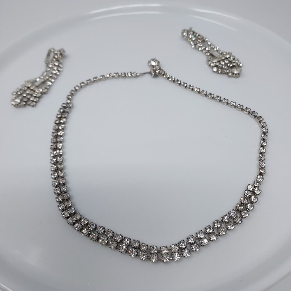Vintage Double Row Rhinestone 14" Choker 2.25" Dangle Clip Earrings Sparkle